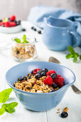 Homemade oatmeal granola or muesli with yogurt and fresh berries for healthy morning breakfast, selective focus. Healthy food background.