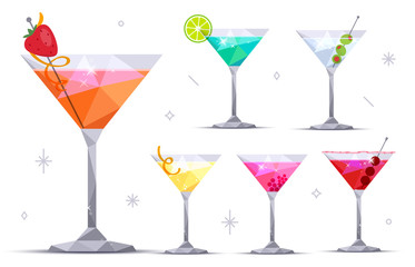 Set of martini cocktail glasses on white background. Margarita, Blue lagoon, Daiquiri, Cosmopolitan, Dry