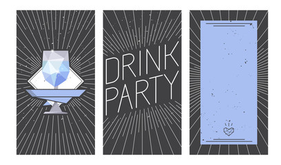 Blue vodka glass and drink party flyers design set