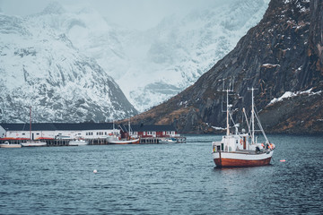 Ship in Hamnoy fishing village on Lofoten Islands, Norway 