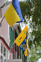 flags in front of modern building