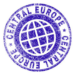 CENTRAL EUROPE stamp print with distress texture. Blue vector rubber seal print of CENTRAL EUROPE label with unclean texture. Seal has words placed by circle and planet symbol.
