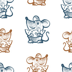 Seamless pattern of funny mice with cheese