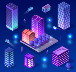 Vector isometric urban architecture building of modern city with street, skyscraper, and town, house. For business illustration and construction map shape background