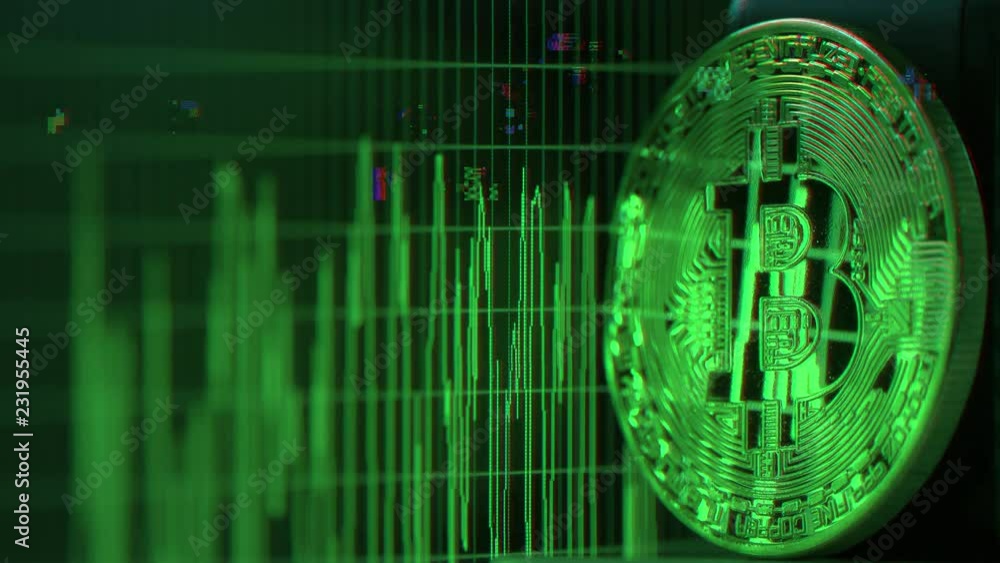 Poster glitch noise video of bitcoin btc token reflecting computer screen graph. cryptocurrency problems re