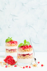 Pomegranate parfait - sweet organic layered dessert with granola flakes, yogurt and ripe fruit seeds.