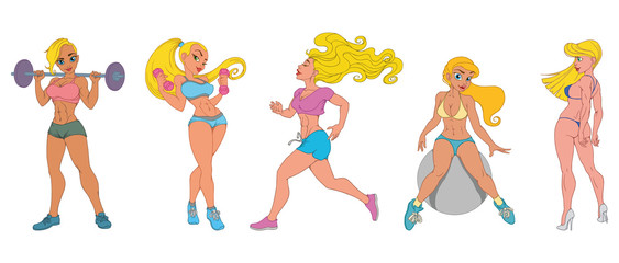 set of sexy sport girls blondes vector illustration