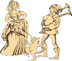 Fototapeta na wymiar Medieval juggler and pretty girl. Engraved style. Vector illustration