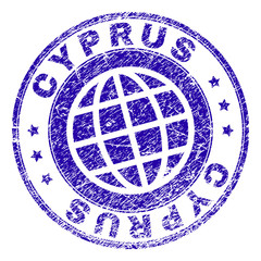CYPRUS stamp watermark with distress texture. Blue vector rubber seal print of CYPRUS text with corroded texture. Seal has words arranged by circle and globe symbol.