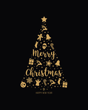 christmas tree gold icon elements lettering black background