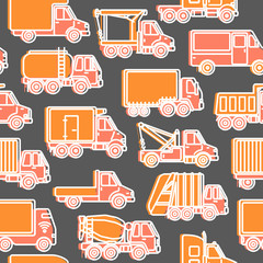 Transportation seamless pattern with different types of trucks in line style