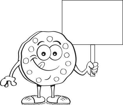 Black and white illustration of a cookie holding a sign.