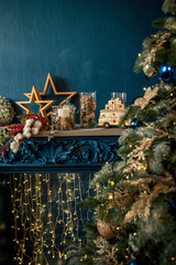 Christmas Fireplace and X mas Tree, Presents Gifts Decorations, New Year Home Interior Background