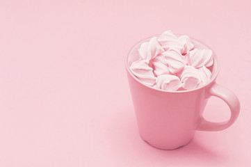 A cup and vanilla cakes on a pink background. Pastel color background. Close up