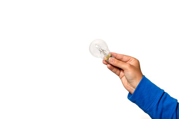 Hand holds a lightbulb in the right hand