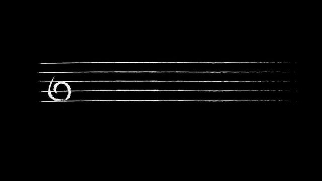 Key and Musical Pentagram whit Notes Black  background. Sequence of drawn lines.