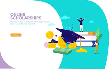 online scholarships concept vector illustration, group of people on stack of money and book, can use for, landing page, template, ui, web, mobile app, poster, banner, flyer