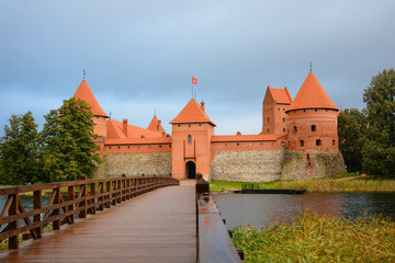 Ancient castle on island in middle of lake. Trakai Island Castle historical landmark, Lithuania.