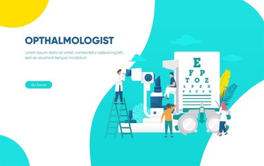 opthalmologist eye check up vector illustration concept, young man checking his eye with doctor  can use for, landing page, template, ui, web, mobile app, poster, banner, flyer