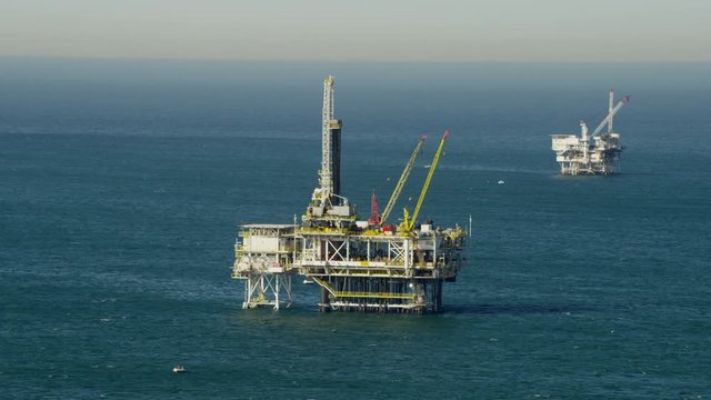 Aerial view of offshore platform drilling for oil Pacific Ocean California