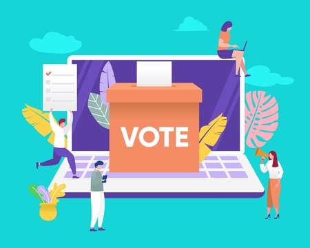 group of people give online vote and putting papper vote in to the ballot box vector illustration concept, can be use for, landing page, web, ui, banner, flyer, poster, template, background,