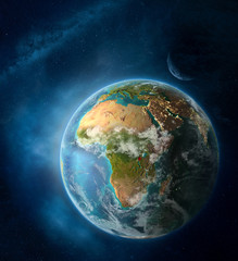 Burundi from space on Earth surrounded by space with Moon and Milky Way. Detailed planet surface with city lights and clouds.