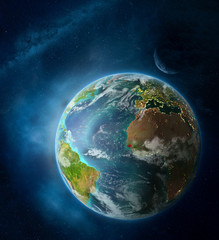 Guinea-Bissau from space on Earth surrounded by space with Moon and Milky Way. Detailed planet surface with city lights and clouds.