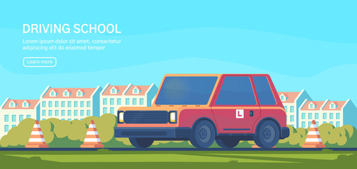 Driving school. Practical testing of maneuvers and exercises to improve driving skills. Flat vector illustration.