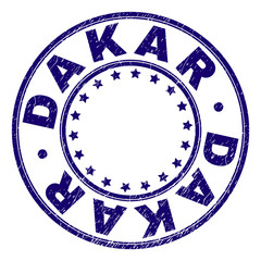 DAKAR stamp seal watermark with grunge texture. Designed with round shapes and stars. Blue vector rubber print of DAKAR caption with unclean texture.