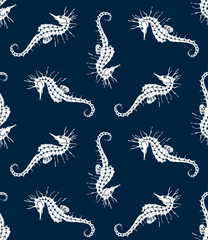 Vector seamless pattern of white seahorse stencil on blue background. Seahorse background