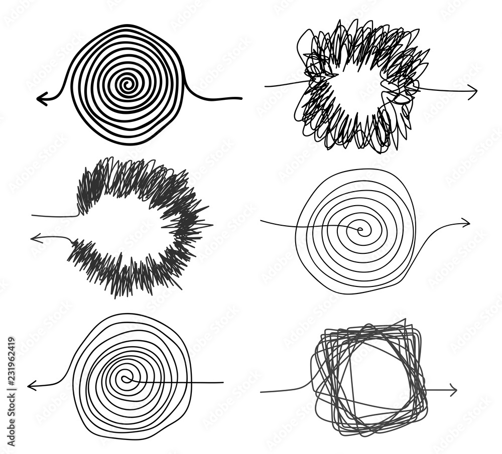 Poster set of multi directional scribble insane arrows. of brainstorming complexity. embarrassing and chaos