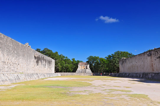 View of ball game court (juego de pelota) at Chichen Itza Yucatan, Mexico.