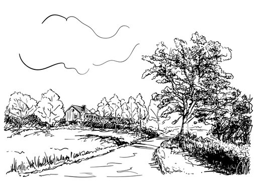 Sketch of countryside landscape with house, road and big oak tree, Hand drawn vector illustration