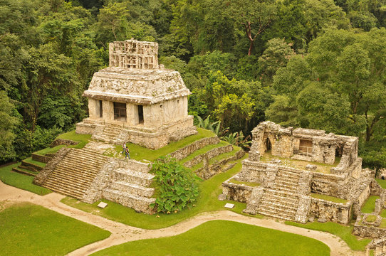Panorama of Palenque archaeological site, a pre Columbian Maya civilization of Mesoamerica. Known as Lakamha (Big Water), Mexico.