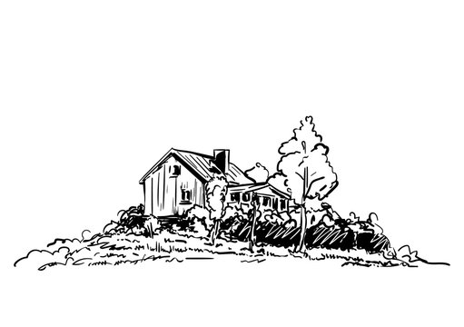 Sketch of countryside house surrounded by trees Hand drawn vector illustration