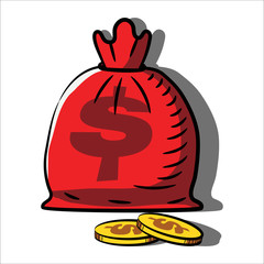 Red Bag with Golden Dollar Coins. Sketch-Style Icon. Symbol. Sign. Stock Vector Illustration. Transparent. White Isolated.