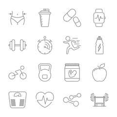 Simple set sport, fitness, gym equipment related vector line icons. Fitness training, bodybuilding, dumbbells, weight loss, muscle, sports nutrition