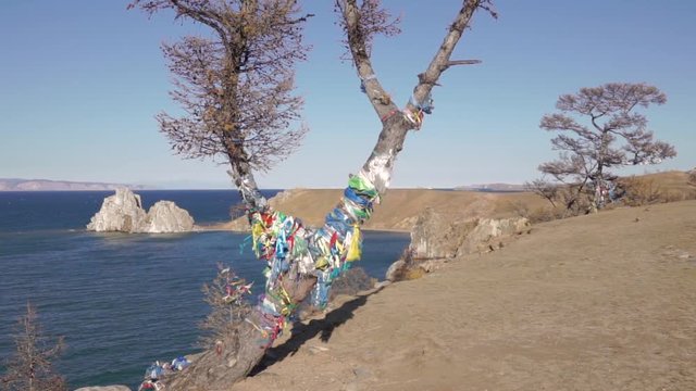Ritual tree on the background of Cape Burhan on the Olkhon island, lake Baikal