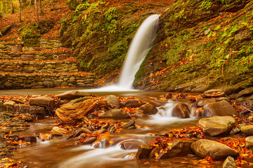 Autumn mountain waterfall stream in the rocks with colorful red fallen dry leaves, natural seasonal...