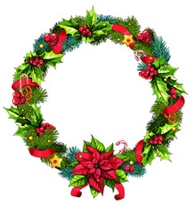 Colorful christmas wreath with pines, holly, poinsettia, berries, bretzels, ribbons.