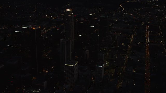 Aerial night view of Downtown Los Angeles USA