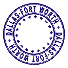 DALLAS-FORT WORTH stamp seal imprint with distress texture. Designed with round shapes and stars. Blue vector rubber print of DALLAS-FORT WORTH label with dirty texture.