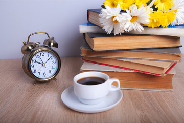 books flowers and coffee