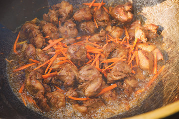 pilaf and other dishes in the cauldron. Methods and ingredients for cooking pilaf. Lamb and beef in Eastern cuisine