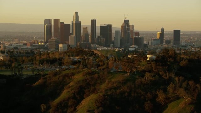 Aerial sunrise view modern city skyscrapers Los Angeles California USA