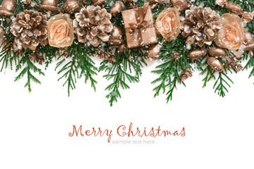 Christmas and New Year border design on the white background with thuja, cones and decorations