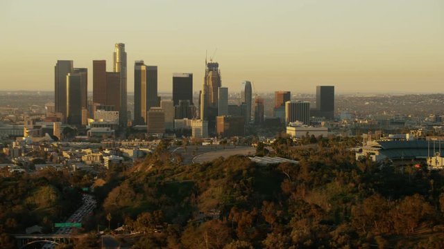 Aerial view at sunrise of Los Angeles financial buildings California USA