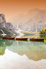 Autumn landscape at Lago di Braies, Dolomites, Italy, Europe