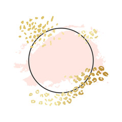 Abstract circle geometric vector background, brush illustration. Pink ink brush stroke with rich golden exotic leopard animal skin texture