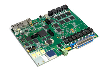 Electronic printed circuit board with chips and other components, green color, front side, angled...